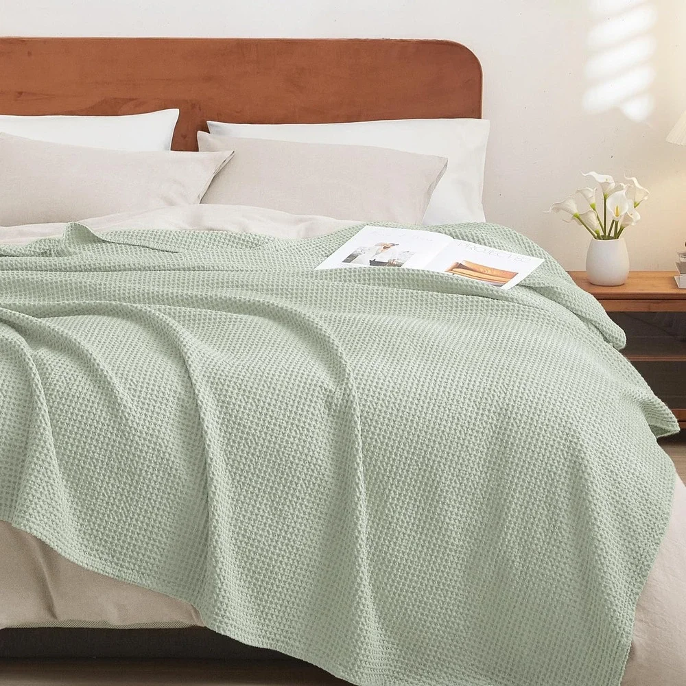 PHF Waffle Weave Blanket Twin Sage Green 100% Cotton Lightweight Breathable NEW